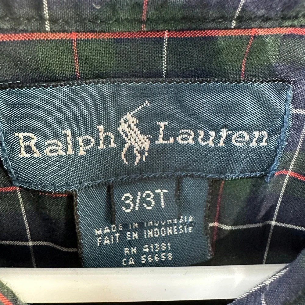 Ralph Lauren Boys Toddler Button Down‎ Shirt Navy Blue Green Red Plaid Size 3T
